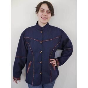 Vintage Peru Hippie Boho Wool Cotton Lined Navy Blue Jacket Coat Womens M-L 42